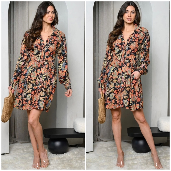 FEW LEFT❗️POLAGRAM Black Floral Long Sleeves Short Dress - Picture 3 of 5